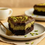 Sliced Dubai chocolate cake served with coffee