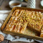 Close-up of golden Baklava Crinkle Cake with syrup and filo folds