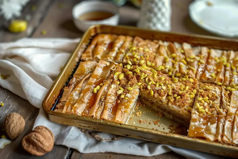 Baklava Crinkle Cake – The Best Crispy Dessert Fusion You’ll Love 7 Close-up of golden Baklava Crinkle Cake with syrup and filo folds