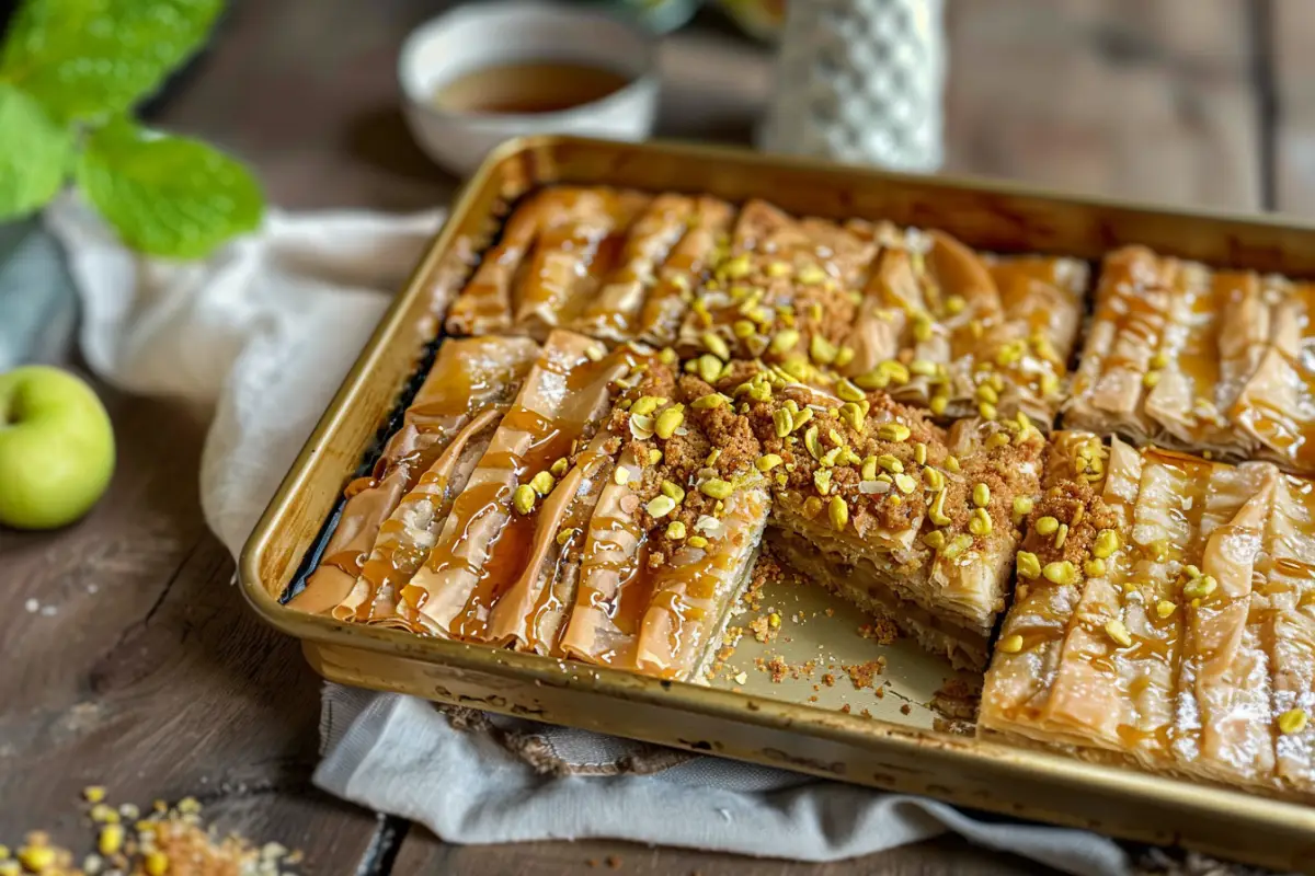 Baklava Crinkle Cake – The Best Crispy Dessert Fusion You’ll Love 6 Close-up of golden Baklava Crinkle Cake with syrup and filo folds