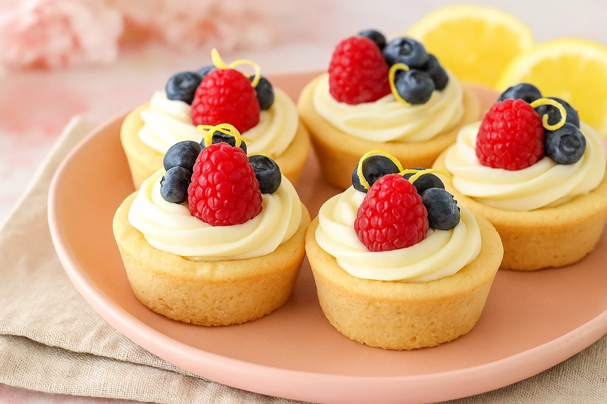 Berry lemon cheesecake cookie cups on pink plate with berries