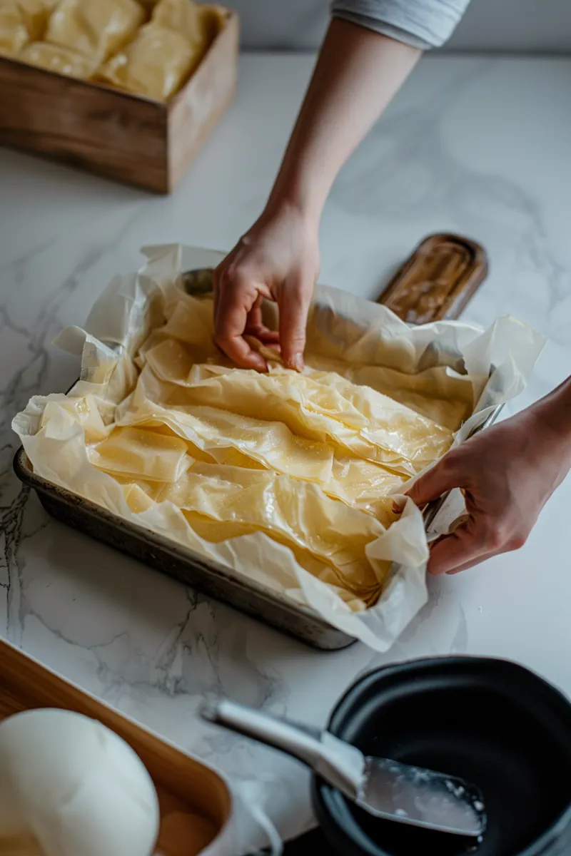 Baklava Crinkle Cake – The Best Crispy Dessert Fusion You’ll Love 8 Crinkling filo dough into a pan for Baklava Crinkle Cake