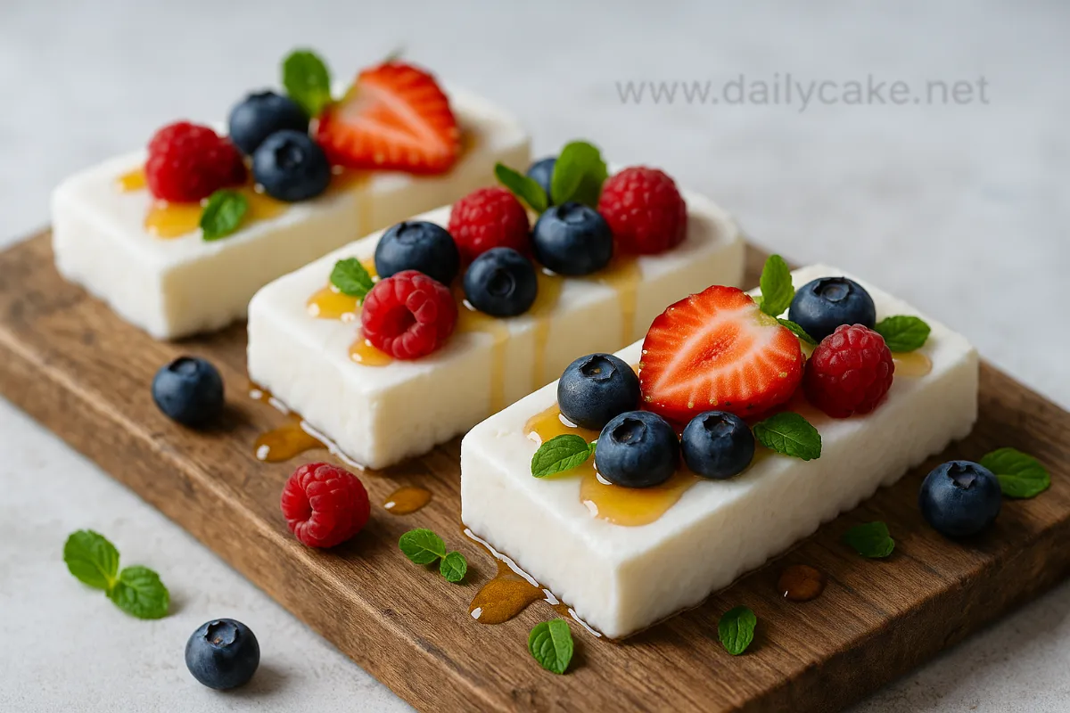 Frozen Greek Yogurt Bars: Irresistible, Healthy, and Easy Treats Everyone Loves 6 frozen Greek yogurt bars with berries and honey on wood board