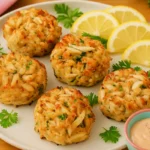 Gluten free crab cakes on a plate with dipping sauce