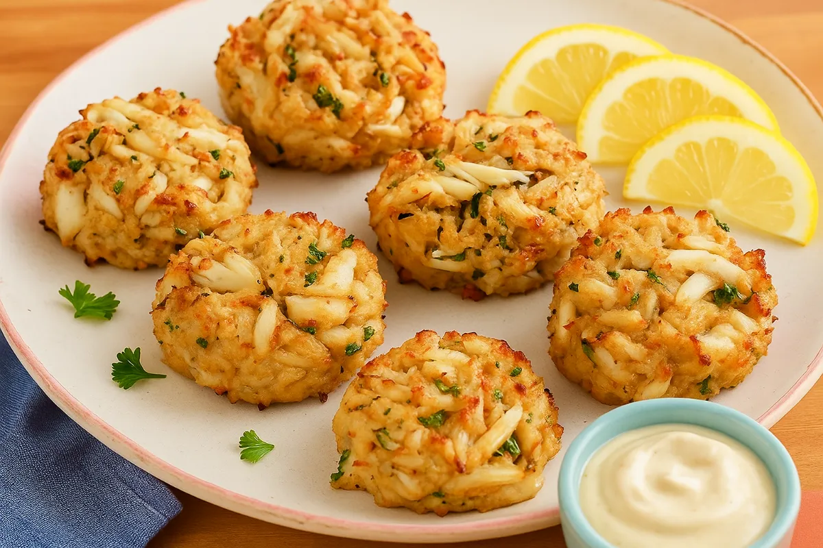 Gluten Free Crab Cakes: A Summery Recipe That’s Simple and So Good 6 Gluten free crab cakes on a plate with dipping sauce