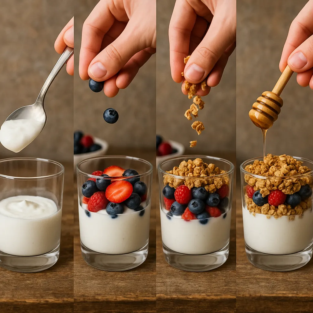 Greek Yogurt Dessert Recipes: Easy, Creamy Treats You’ll Love 9 Assembling a Greek yogurt parfait in a glass