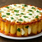 Honeycomb pasta cake baked in golden cheese