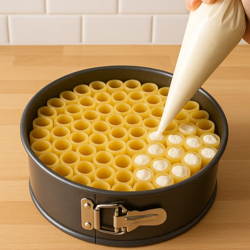 Honeycomb Pasta Cake: The Ultimate Cheesy Baked Rigatoni Recipe 8 Rigatoni pasta being assembled into honeycomb pasta cake