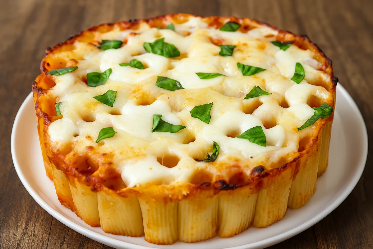 Honeycomb pasta cake baked in golden cheese