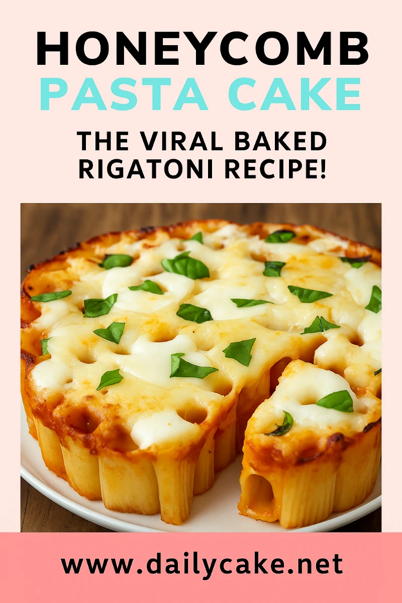 Honeycomb Pasta Cake: The Ultimate Cheesy Baked Rigatoni Recipe 11 Honeycomb pasta cake Pinterest pin with title and image