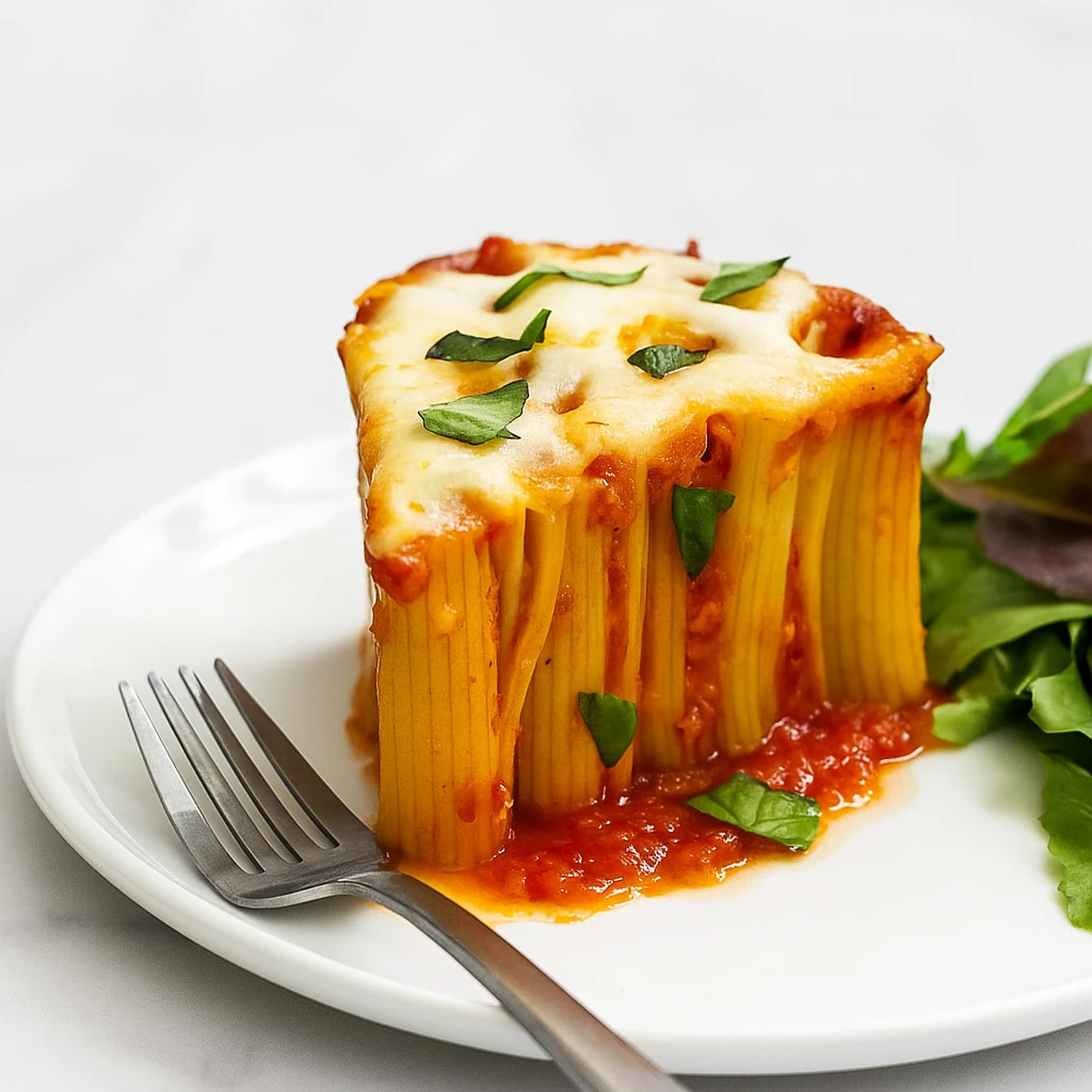 Honeycomb Pasta Cake: The Ultimate Cheesy Baked Rigatoni Recipe 9 Sliced honeycomb pasta cake served on plate