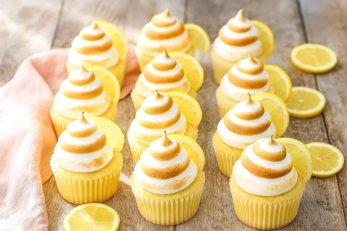 Lemon meringue cupcakes with golden meringue topping