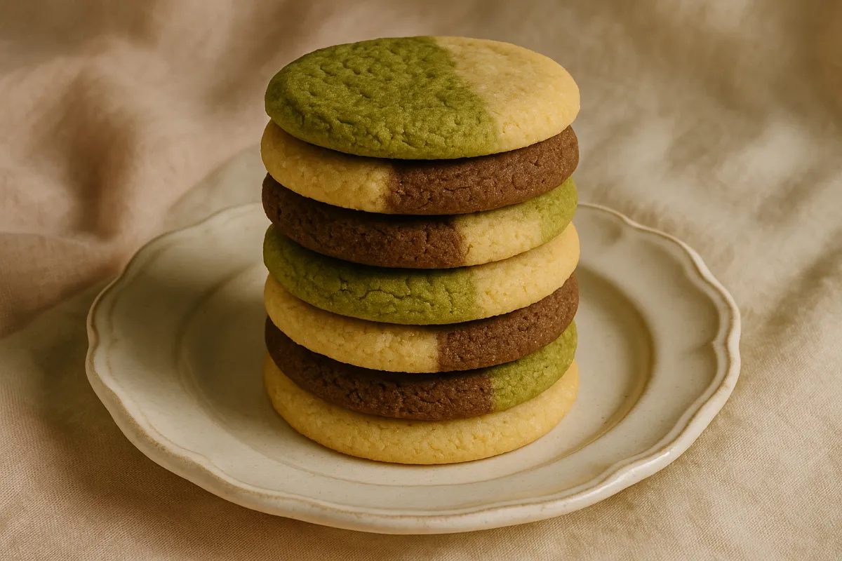 Stack of matcha neapolitan sugar cookies