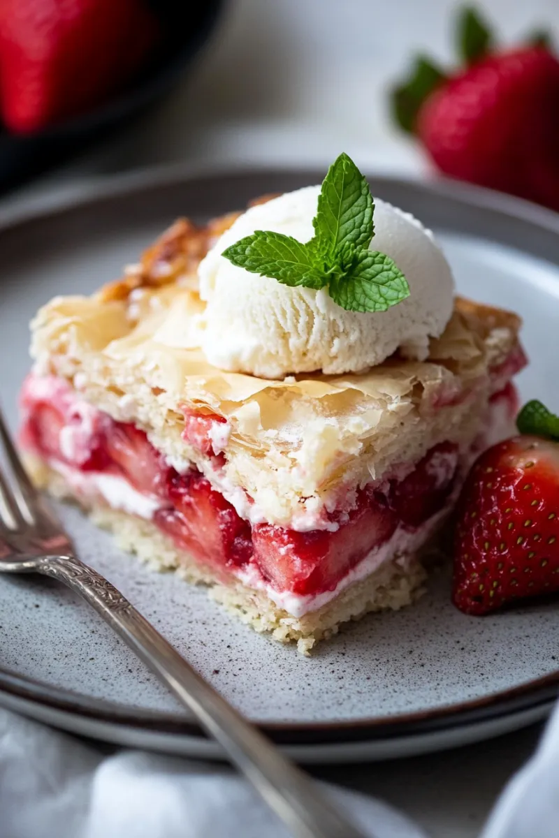 Strawberry Phyllo Crinkle Cake – Best-Ever Crispy Dessert Recipe 11 plated strawberry phyllo crinkle cake
