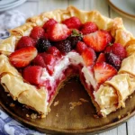 strawberry phyllo crinkle cake on rustic table