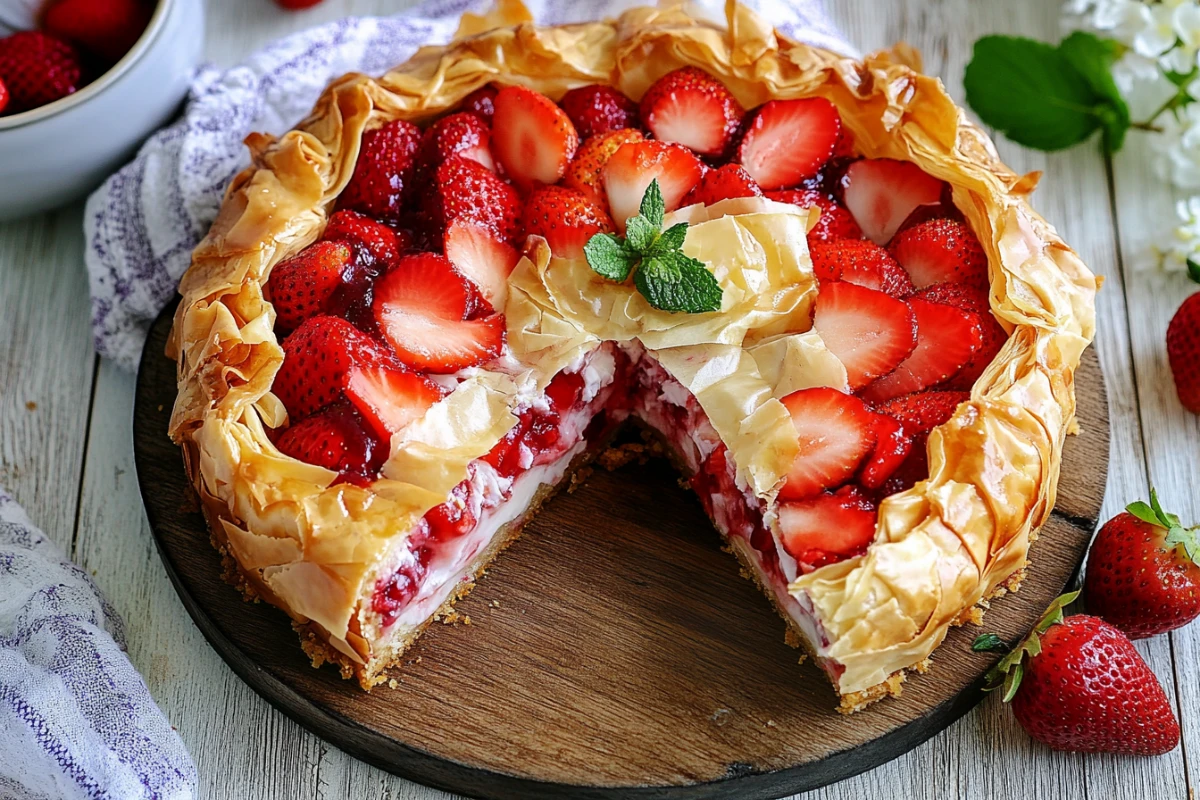 strawberry phyllo crinkle cake on rustic table