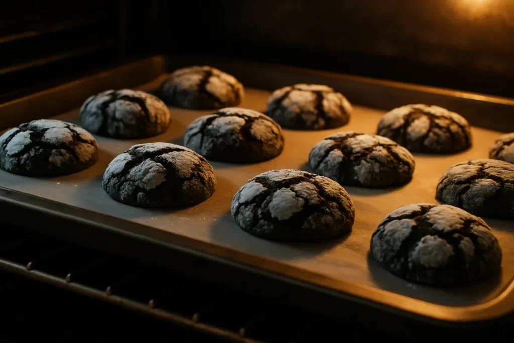 Black Cocoa Crinkle Cookies – Rich, Striking & Easy to Make 10 black cocoa crinkle cookies baking in oven