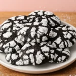 Black cocoa crinkle cookies stacked on a plate