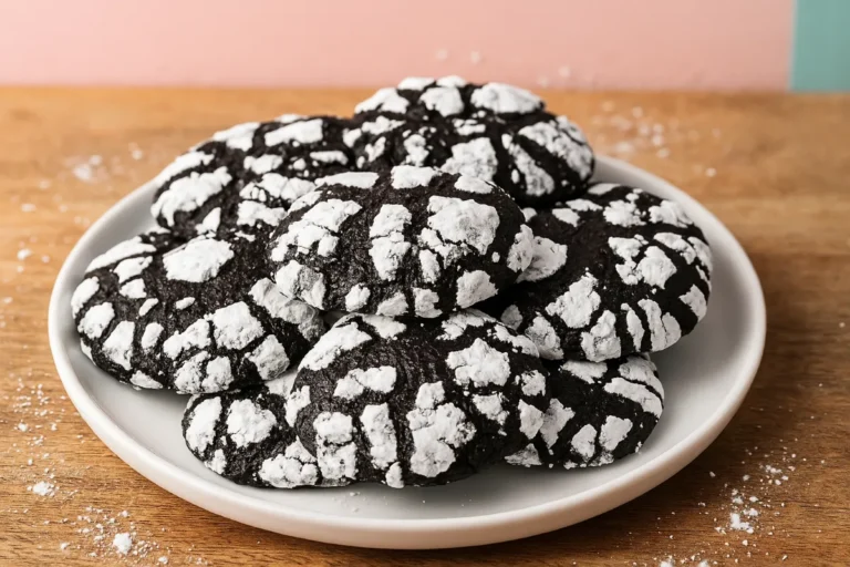 Black Cocoa Crinkle Cookies – Rich, Striking & Easy to Make 7 Black cocoa crinkle cookies stacked on a plate