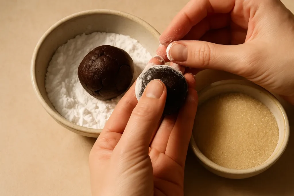 Black Cocoa Crinkle Cookies – Rich, Striking & Easy to Make 9 rolling black cocoa cookie dough in powdered sugar