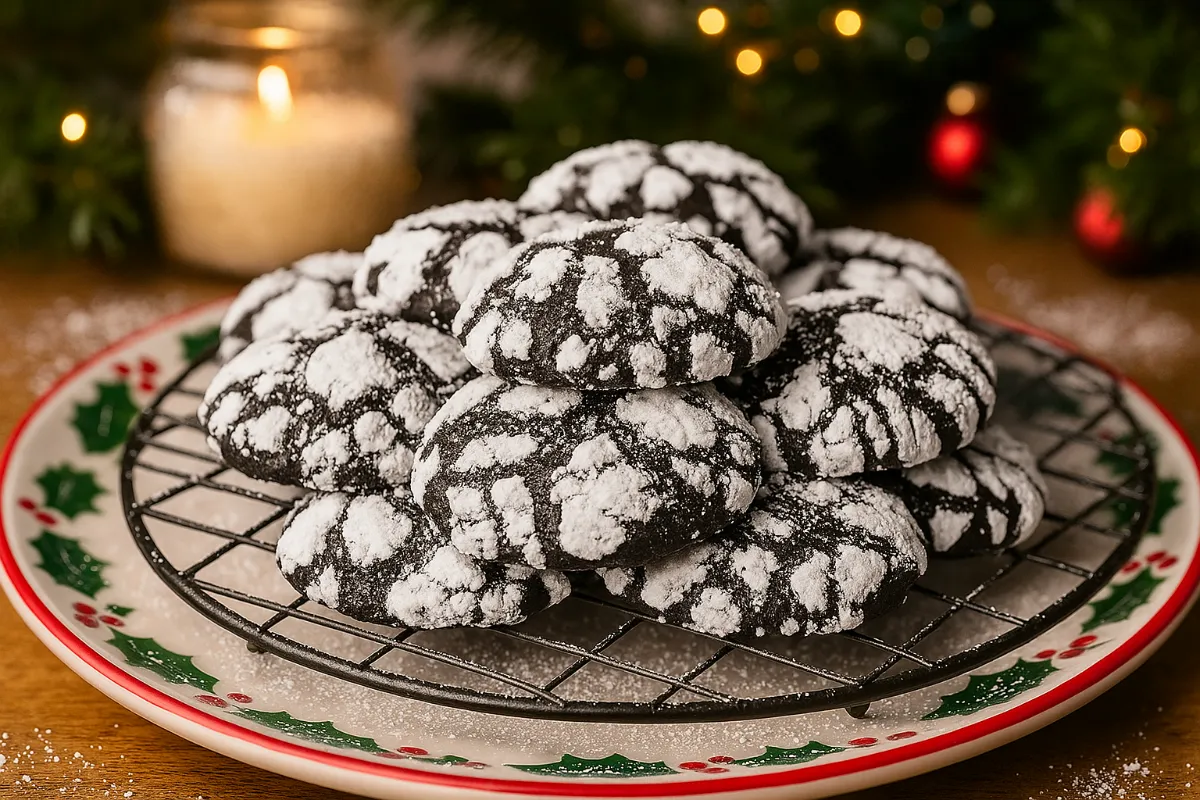 finished black cocoa crinkle cookies cooling on rack