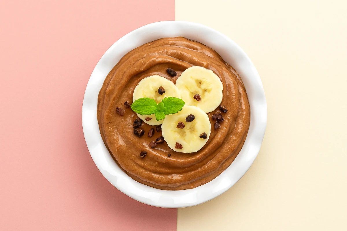 Chocolate banana nice cream in vintage bowl topped with banana slices