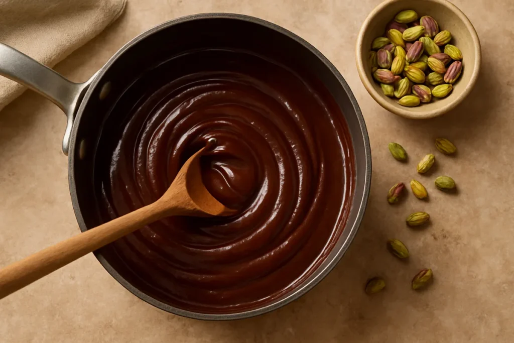 Chocolate Pistachio Kataifi Cake – A Crunchy, Sweet, and Nutty Delight 11 stirring chocolate ganache for kataifi cake in saucepan