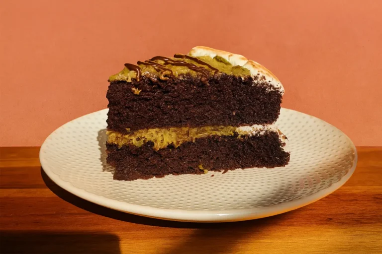 Chocolate Pistachio Kataifi Cake – A Crunchy, Sweet, and Nutty Delight 8 Chocolate pistachio kataifi cake with crisp pastry and ganache on plate