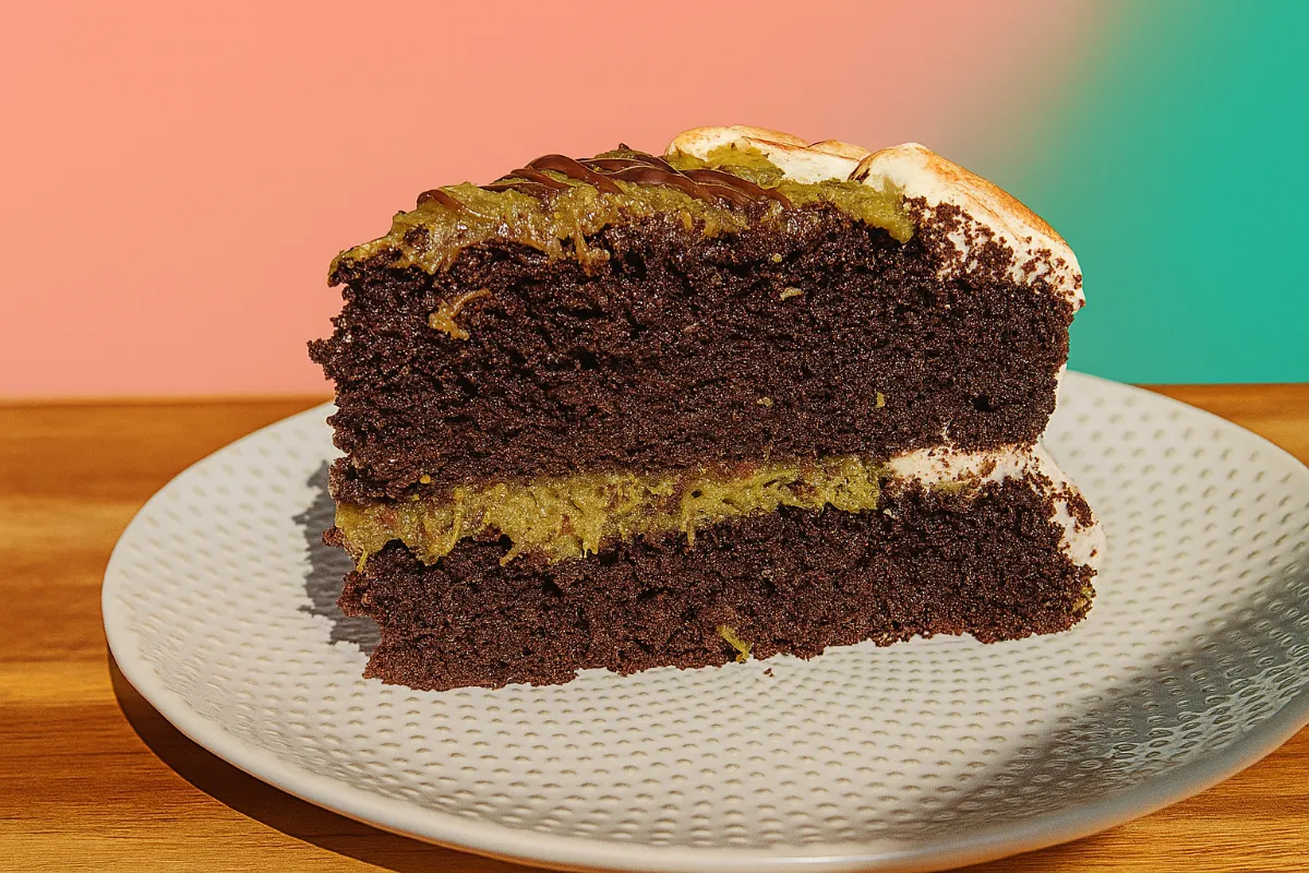 chocolate pistachio kataifi cake with crisp pastry and ganache on plate