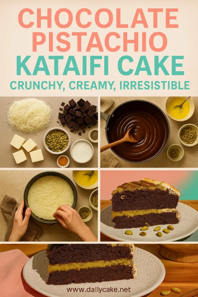 Chocolate Pistachio Kataifi Cake – A Crunchy, Sweet, and Nutty Delight 13 step-by-step chocolate pistachio kataifi cake Pinterest graphic with ingredients, baking, and final slice