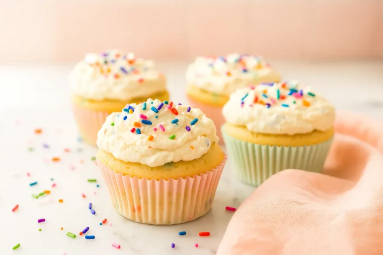 Confetti Yogurt Frosting: Light, Colorful, and Guilt-Free 7 Cupcakes with confetti yogurt frosting and rainbow sprinkles