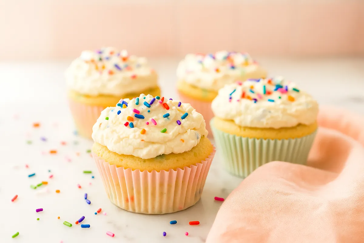 Cupcakes with confetti yogurt frosting and rainbow sprinkles