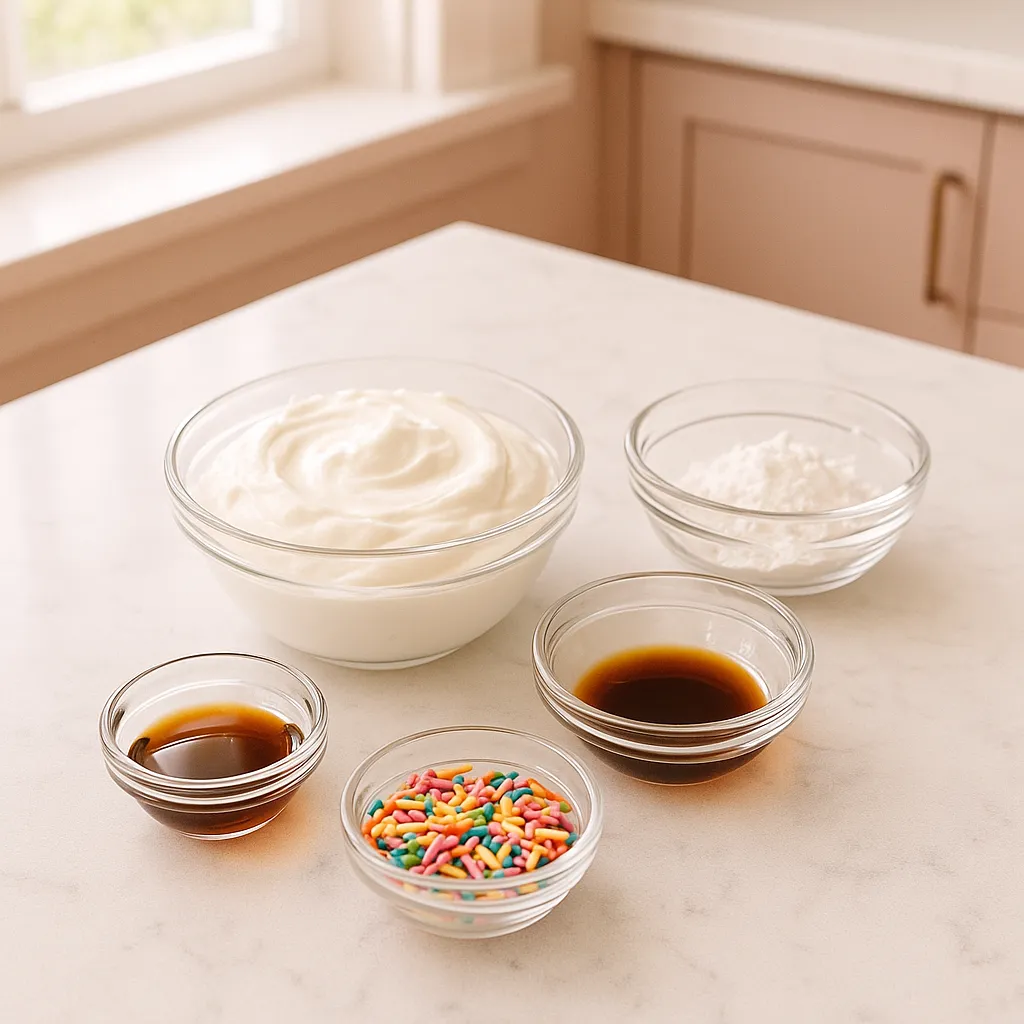 Confetti Yogurt Frosting: Light, Colorful, and Guilt-Free 8 Ingredients for confetti yogurt frosting in glass bowls