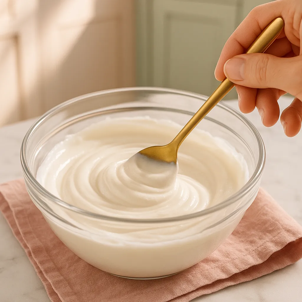 Confetti Yogurt Frosting: Light, Colorful, and Guilt-Free 9 Whisking thick yogurt frosting mixture in glass bowl