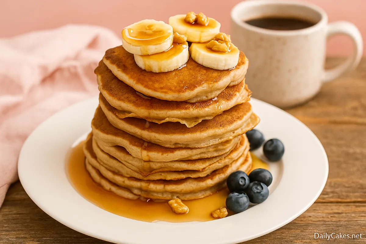 cottage cheese banana pancakes on plate with syrup