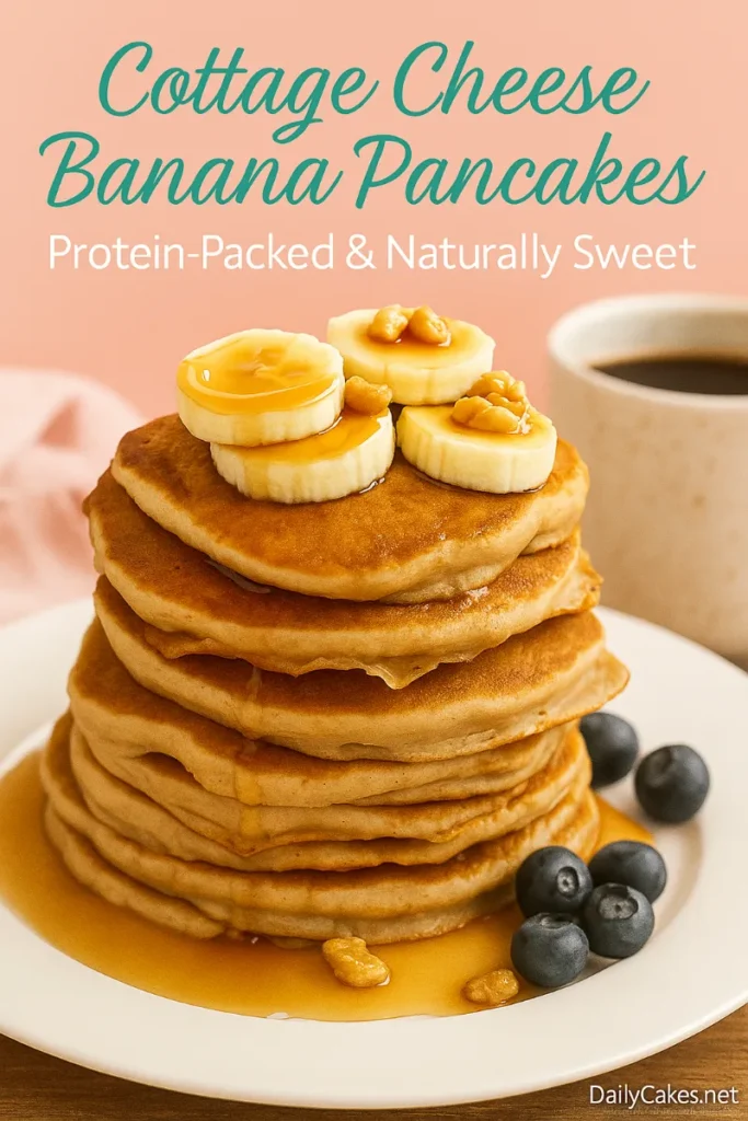 Cottage Cheese Banana Pancakes – Fluffy, Protein-Packed & Naturally Sweet 11 Tall stack of cottage cheese banana pancakes with banana slices and syrup in pastel kitchen setting