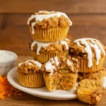 cottage cheese carrot cake muffins stacked on a plate with grated carrots and cottage cheese on a rustic kitchen table