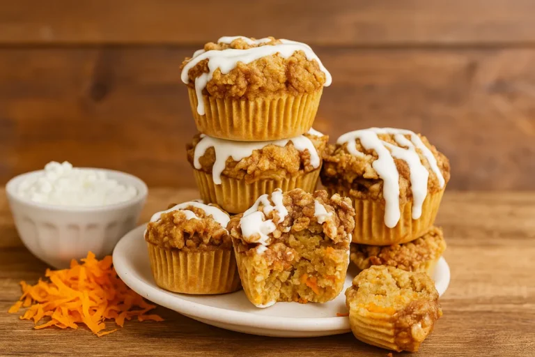 Cottage Cheese Carrot Cake Muffins – Moist, Healthy, and Naturally Sweet 7 cottage cheese carrot cake muffins stacked on a plate with grated carrots and cottage cheese on a rustic kitchen table
