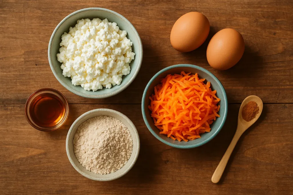 Cottage Cheese Carrot Cake Muffins – Moist, Healthy, and Naturally Sweet 8 flat lay of cottage cheese, carrots, eggs, flour, and maple syrup for carrot cake muffins