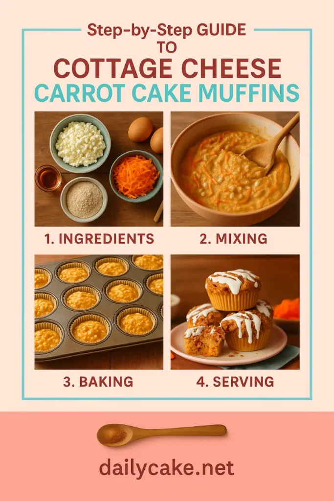 Cottage Cheese Carrot Cake Muffins – Moist, Healthy, and Naturally Sweet 11 pinterest graphic showing step-by-step cottage cheese carrot cake muffins recipe