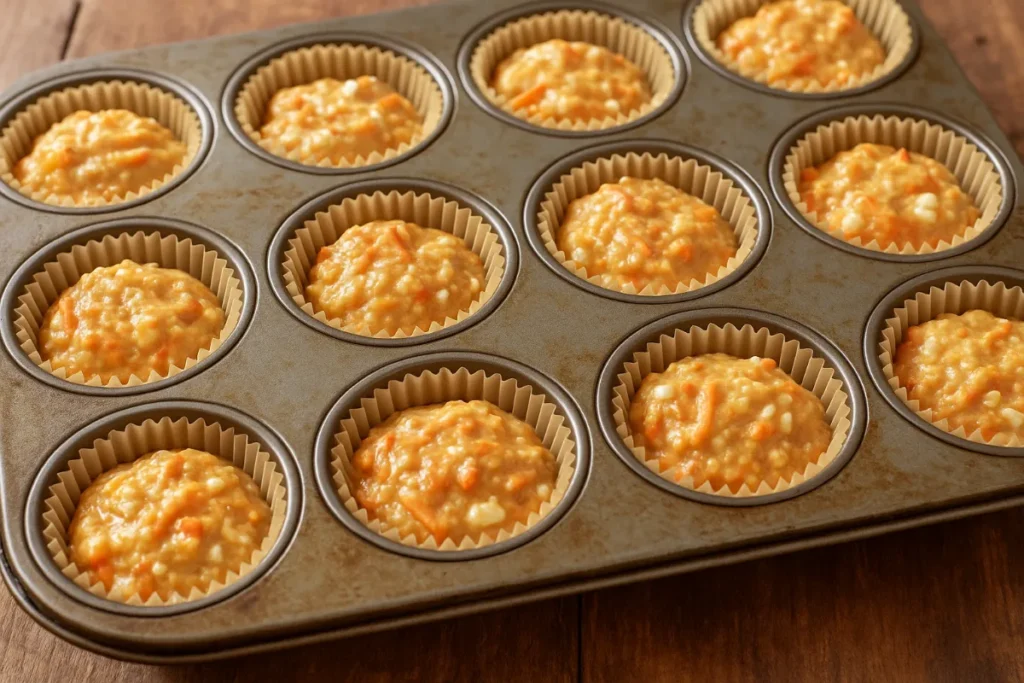 Cottage Cheese Carrot Cake Muffins – Moist, Healthy, and Naturally Sweet 10 unbaked carrot muffin batter in muffin tin lined with paper cups