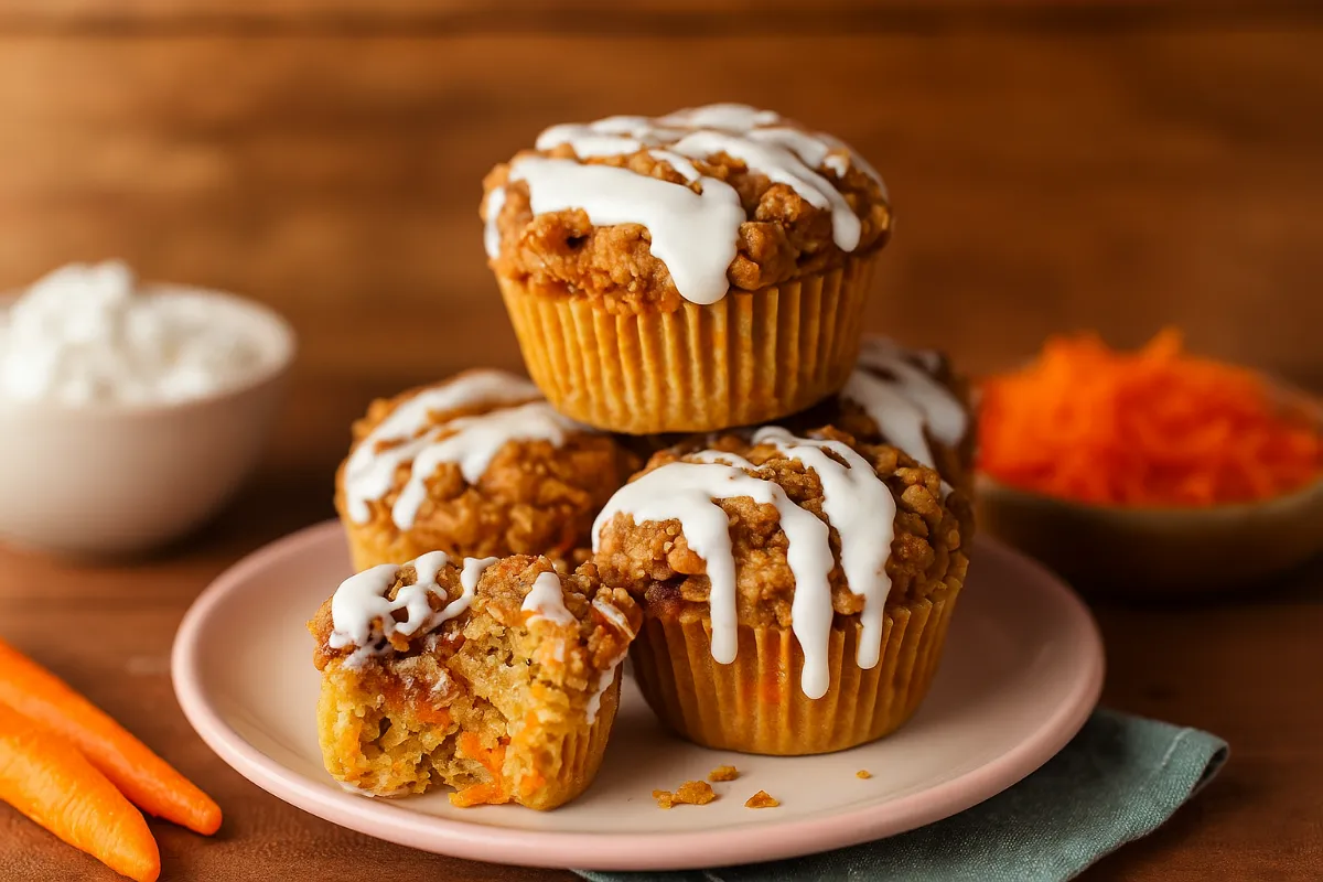 cottage cheese carrot cake muffins stacked on a plate with grated carrots and cottage cheese on a rustic kitchen table
