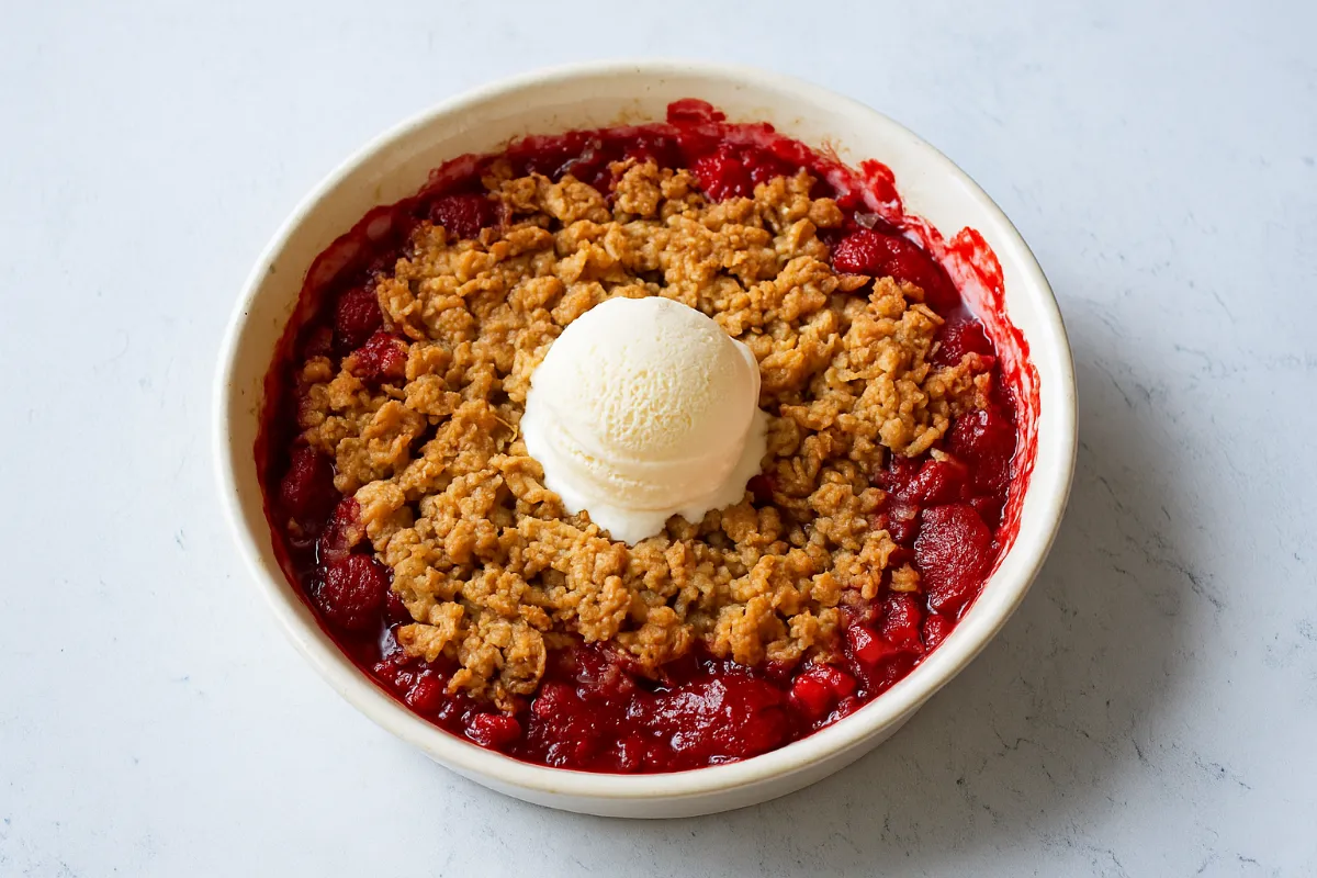 Fresh gluten free strawberry rhubarb crisp in baking dish