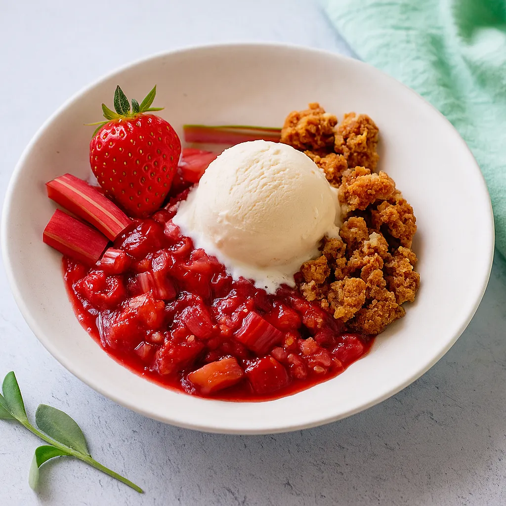 Gluten Free Strawberry Rhubarb Crisp: Sweet-Tart Summer Dessert Made Easy 9 Served gluten free strawberry rhubarb crisp with vanilla ice cream
