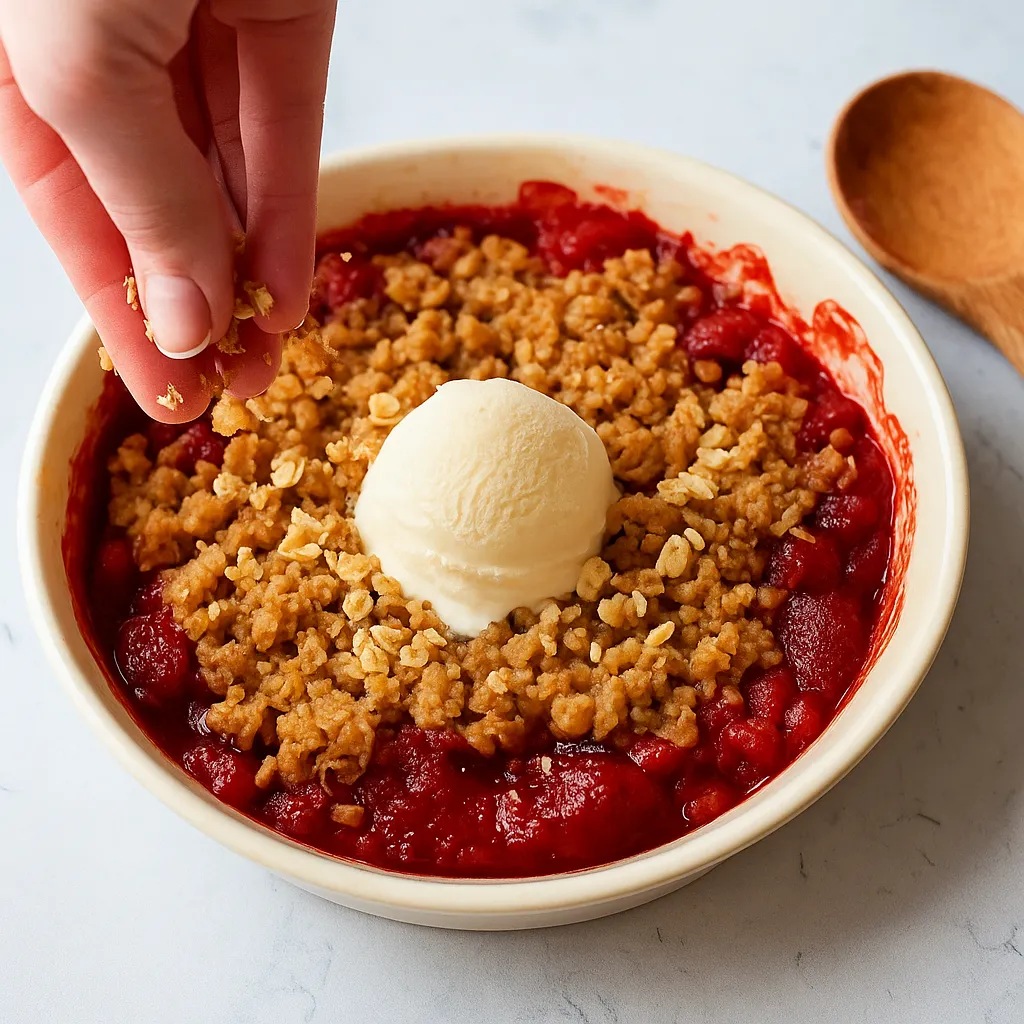 Gluten Free Strawberry Rhubarb Crisp: Sweet-Tart Summer Dessert Made Easy 8 Sprinkling oat topping over gluten free strawberry rhubarb crisp