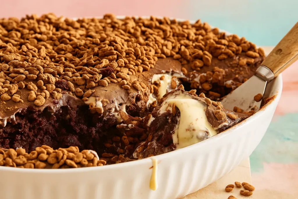 Lazy Cat Cake and Why It’s Everyone’s Secret Favorite 8 Close-up of a gooey chocolate and vanilla ice cream cake topped with crunchy chocolate cereal.