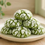Matcha crinkle cookies stacked on a ceramic plate with powdered sugar