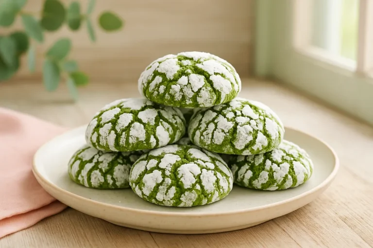 Matcha Crinkle Cookies – Soft, Chewy & Beautifully Green 8 Matcha crinkle cookies stacked on a ceramic plate with powdered sugar