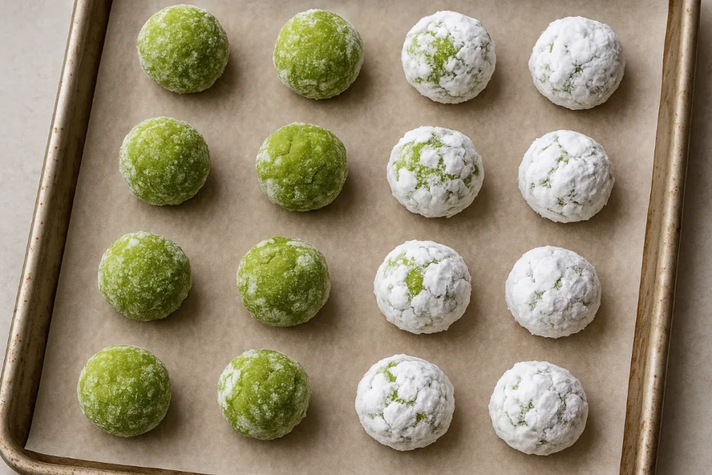 Matcha Crinkle Cookies – Soft, Chewy & Beautifully Green 11 sugar-coated matcha crinkle cookie dough on baking sheet