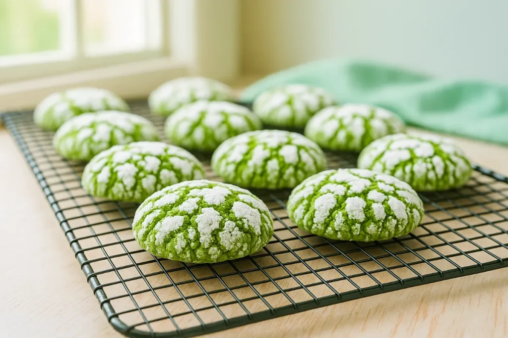 Matcha Crinkle Cookies – Soft, Chewy & Beautifully Green 12 baked matcha crinkle cookies cooling on rack